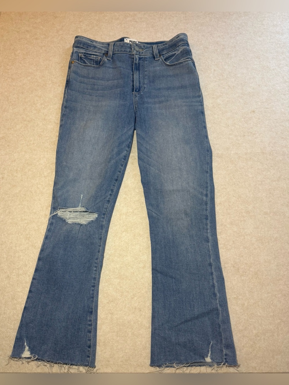 PAIGE Women's Light Wash Rory Crop Flare Wide Denim Jeans Raw Hem Size 28